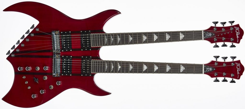 Rich B Legacy Double Neck by Quality One Development Store double neck electric guitar Trans Red with quad bridge and rear tuners