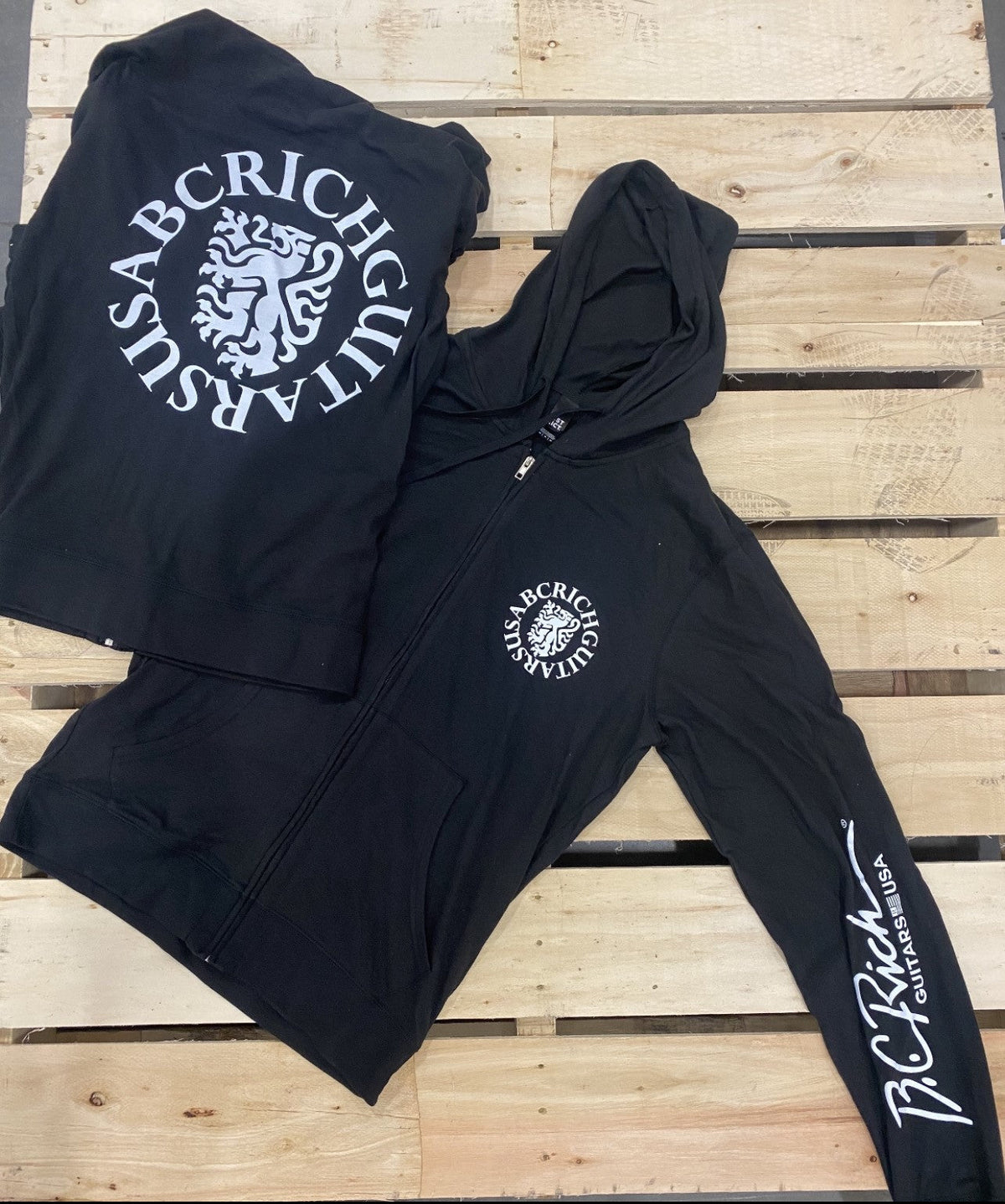 B.C. Rich USA Script Hoodie by Quality One Development Store in black with large white logo print