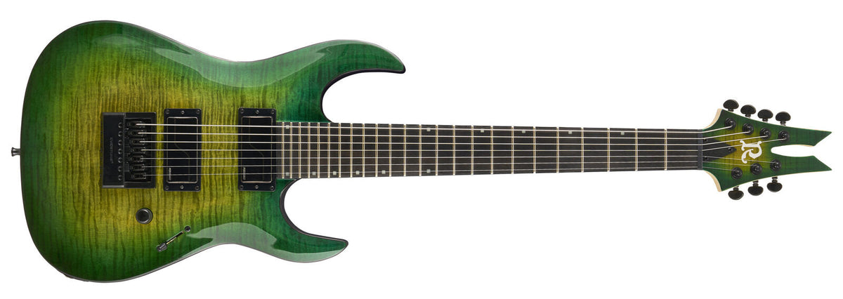 Andy James Signature Assassin 7 by Quality One Development Store 7-string electric guitar in Trans Green with pitchfork headstock